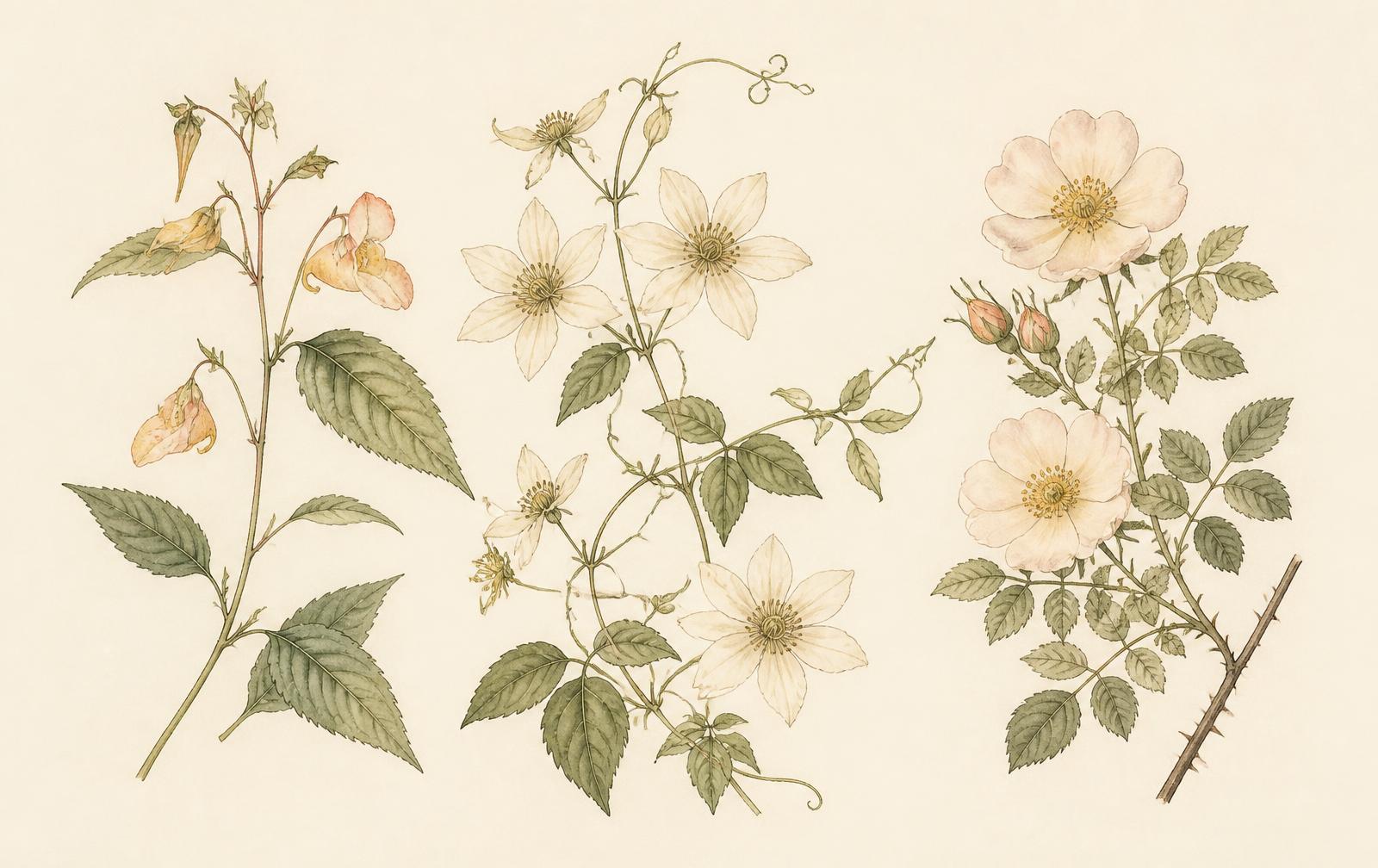 Planche d'herbier illustrée : impatiens, clématite et rosier sauvage